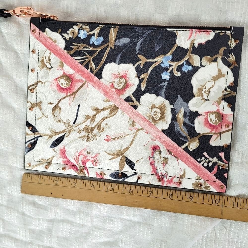 White House Black Market black white moody floral clutch rose gold metal studs - Picture 7 of 10
